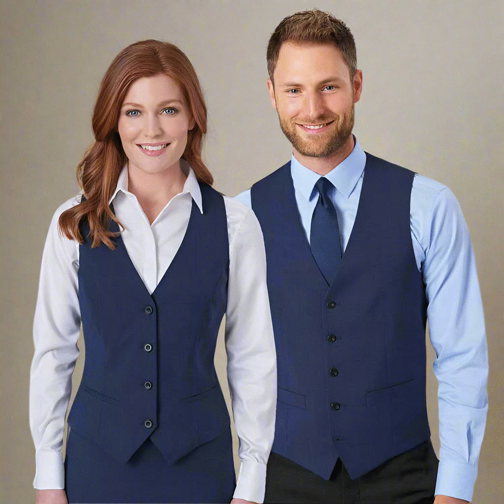 Models Wearing the Luna Ladies Waistcoat 2257 and the Mercury Men's Waistcoat 1295 in Black