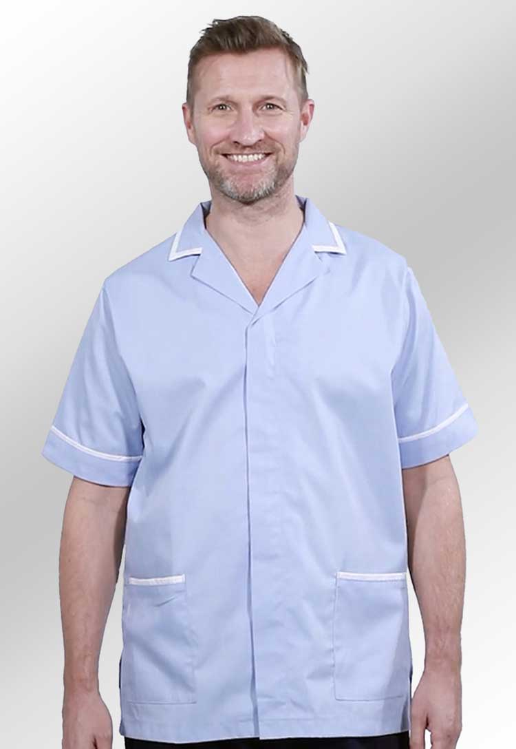 model wearing 8500 Darwin Male Tunic - The Work Uniform Company