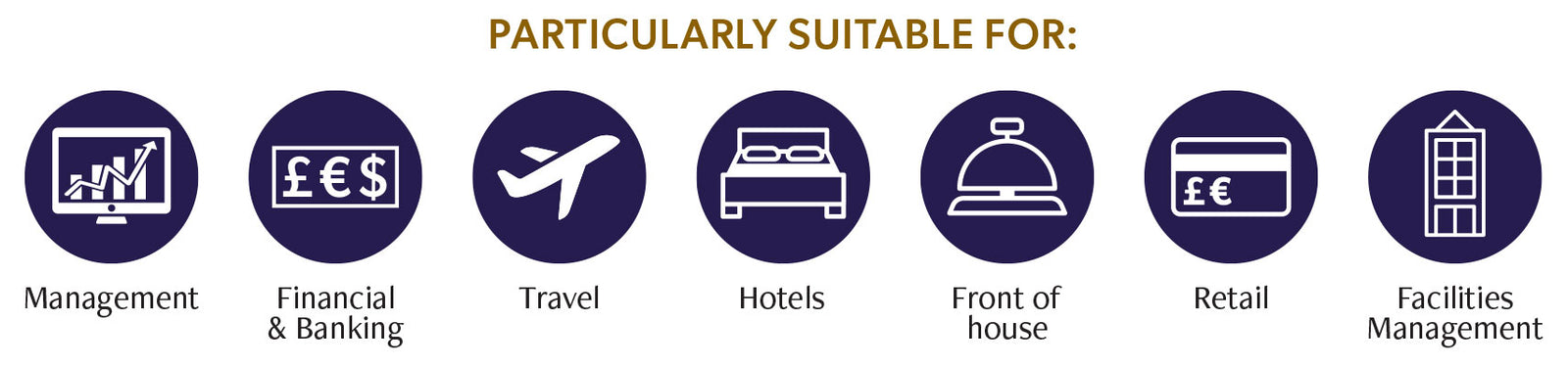 Particularly suitable for: management, financial and banking, travel, hotels, front of house, retail, and facilities management.