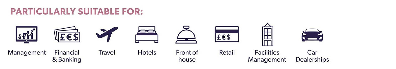 Particularly suitable for: Management, financial and banking, travel, hotels, front of house, retail, facilities management, and car dealerships.