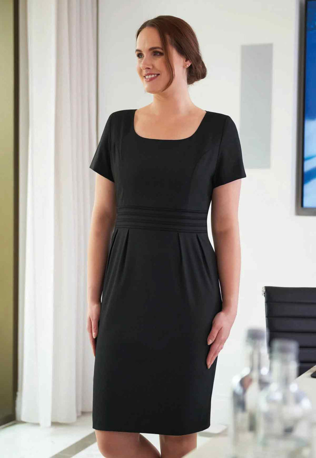 Black Satin Stripe Funeral Dress - The Work Uniform Company