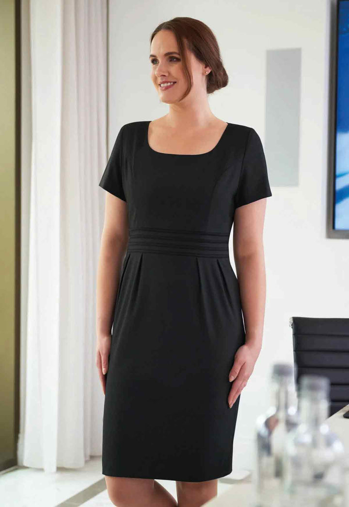 Black Satin Stripe Funeral Dress - The Work Uniform Company