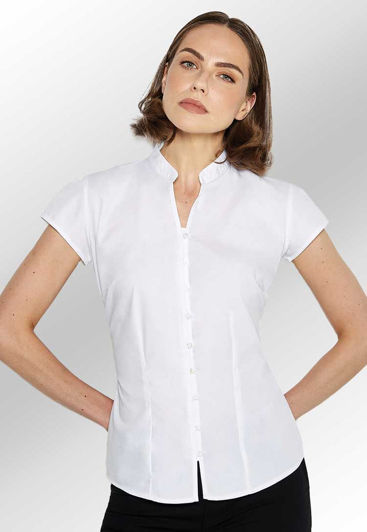 Mandarin Collar Cap Sleeve Blouse - The Work Uniform Company