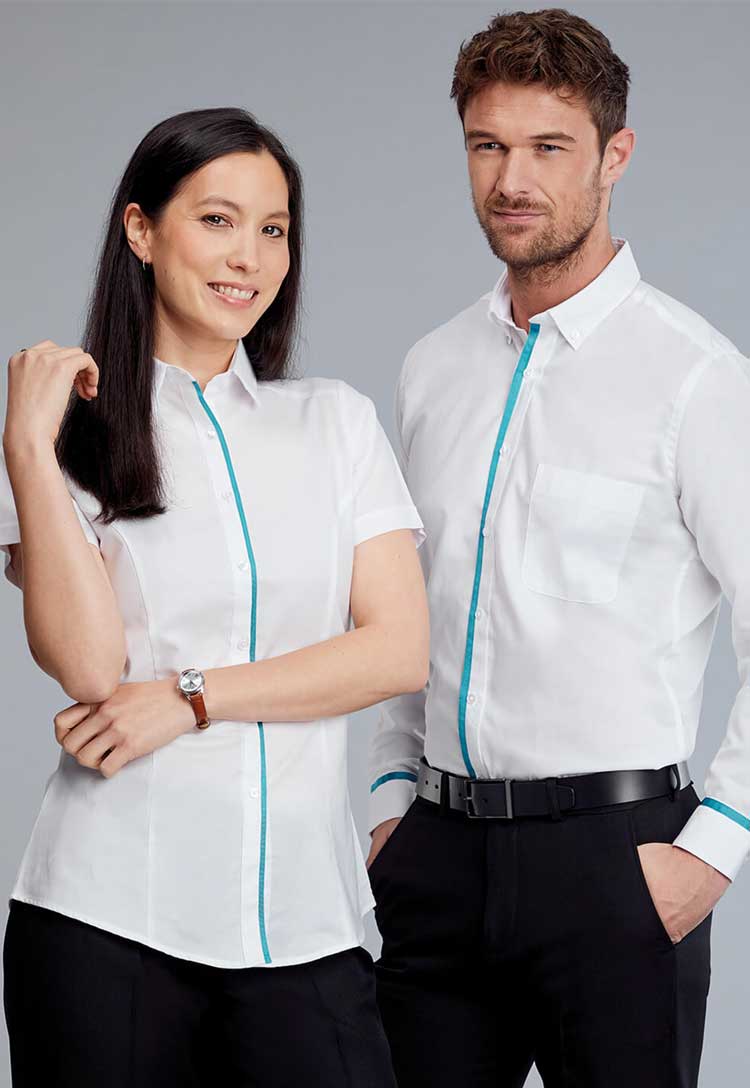 2 models wearing white shirts with a cyan trim