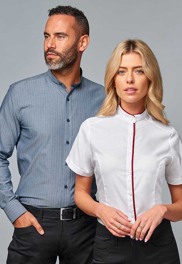 2 models wearing custom trim shirts