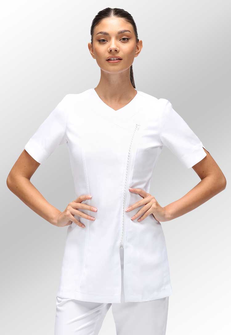 Diamante Zip Front Beauty Tunic - The Work Uniform Company