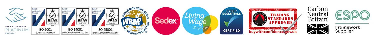 Brand affiliations and certifications including Brook Taverner Platinum, Sedex, Trading Standards Approved, and Carbon Neutral Britain.