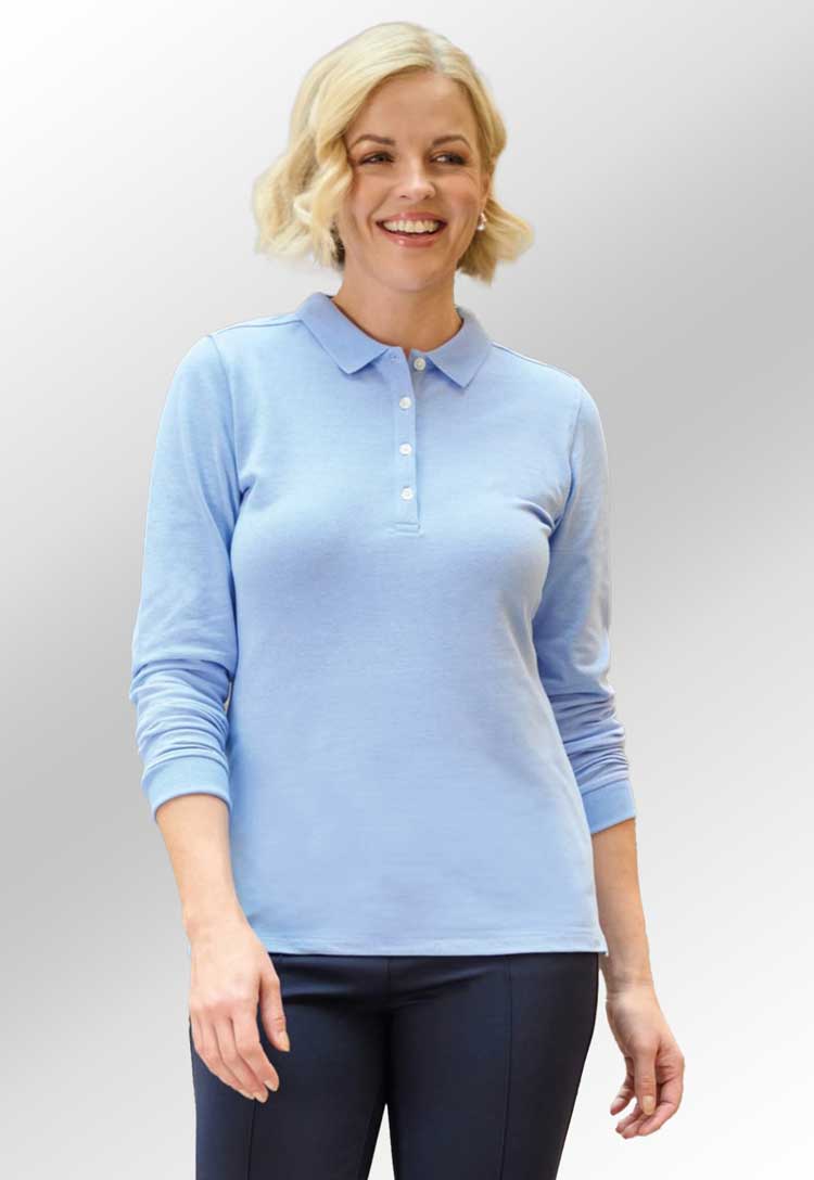 Anna polo in navy modelled by red head