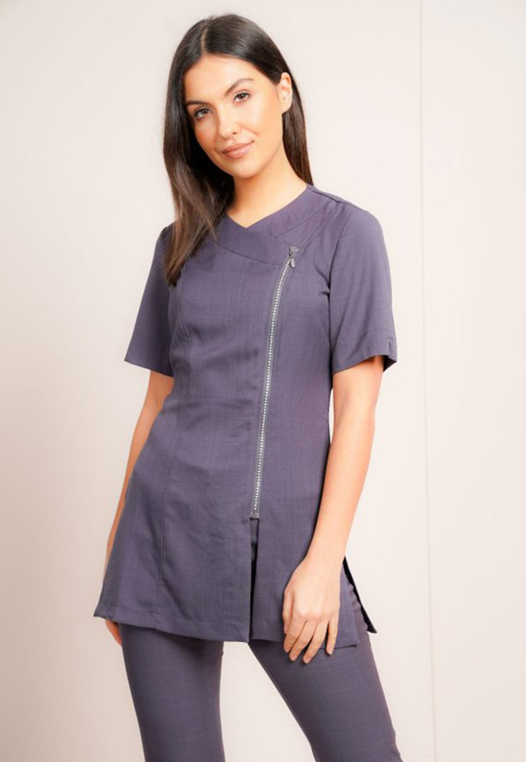 Diamante Zip Front Beauty Tunic - The Work Uniform Company