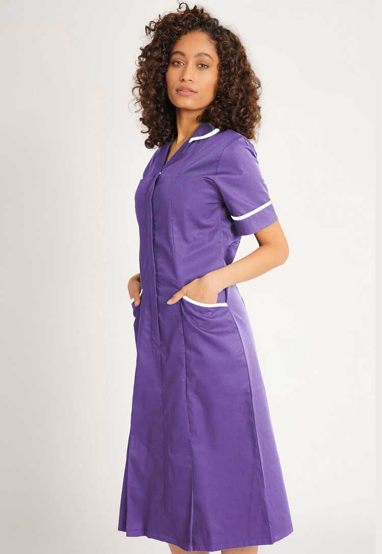 Model Wearing Nurse Dress NCLD in Navy/White Trim