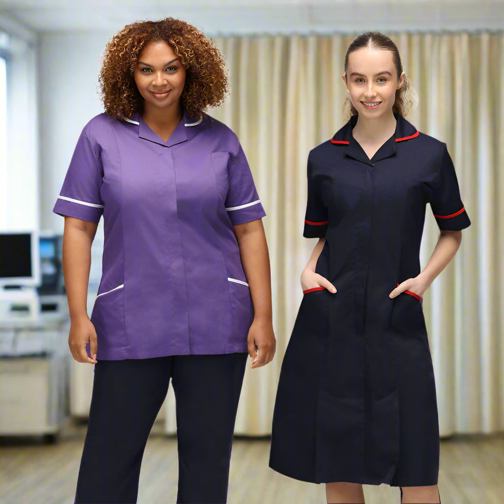 Model Wearing Ladies Nurse Dress With Round Collar NCLD/PWT in Purple/White Trim