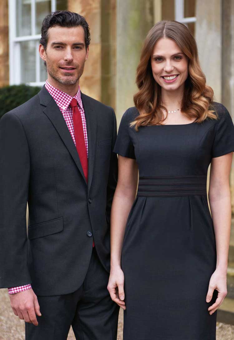 Models Wearing the Tailored Fit Cassino Jacket 5985 and Bordeeaux Dress 2347 in Charcoal