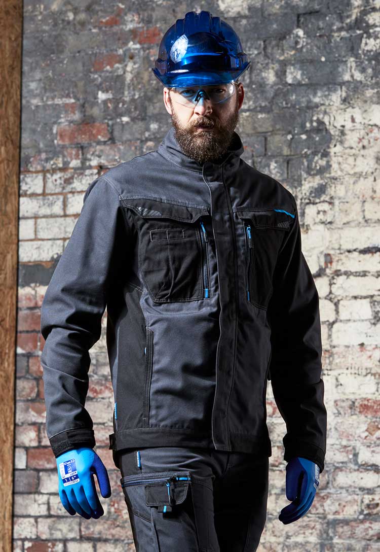 Model Wearing WX3 Work Jacket T703 in Metal Grey