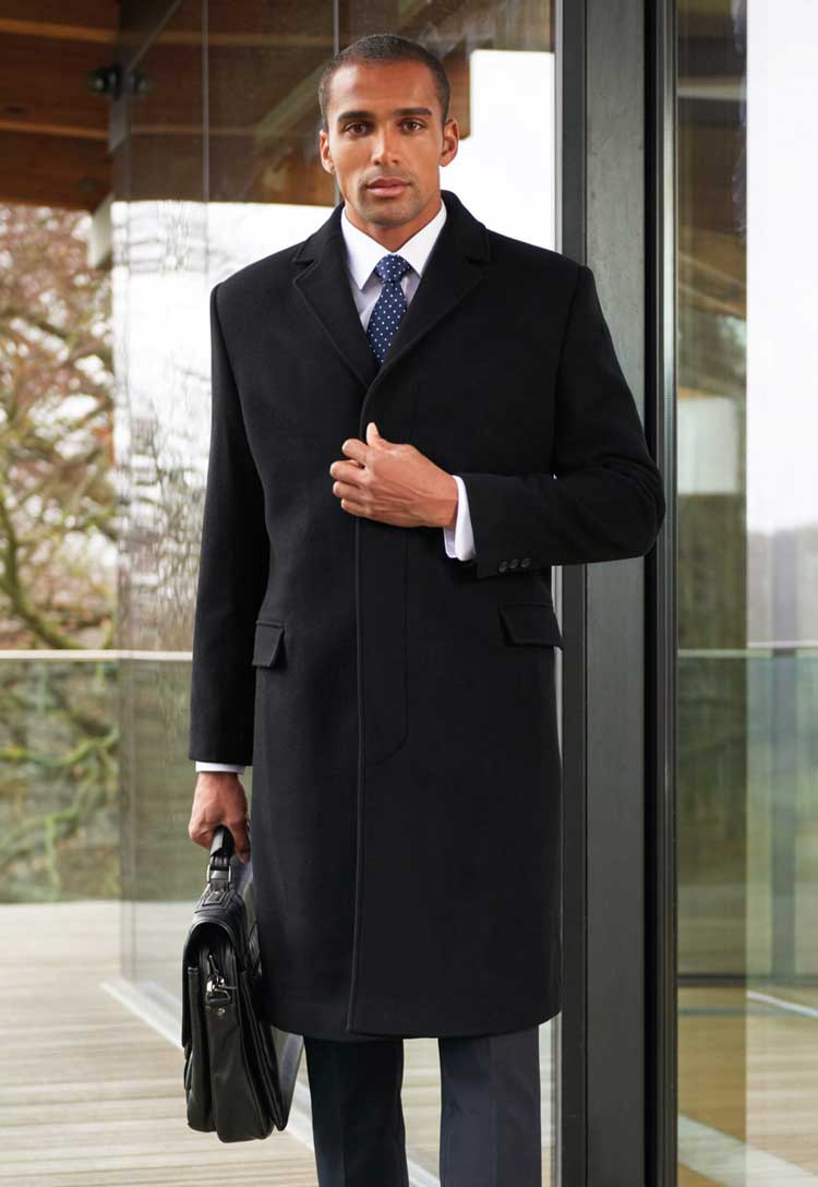 Model Wearing Men's Bond Overcoat 9760 in Black