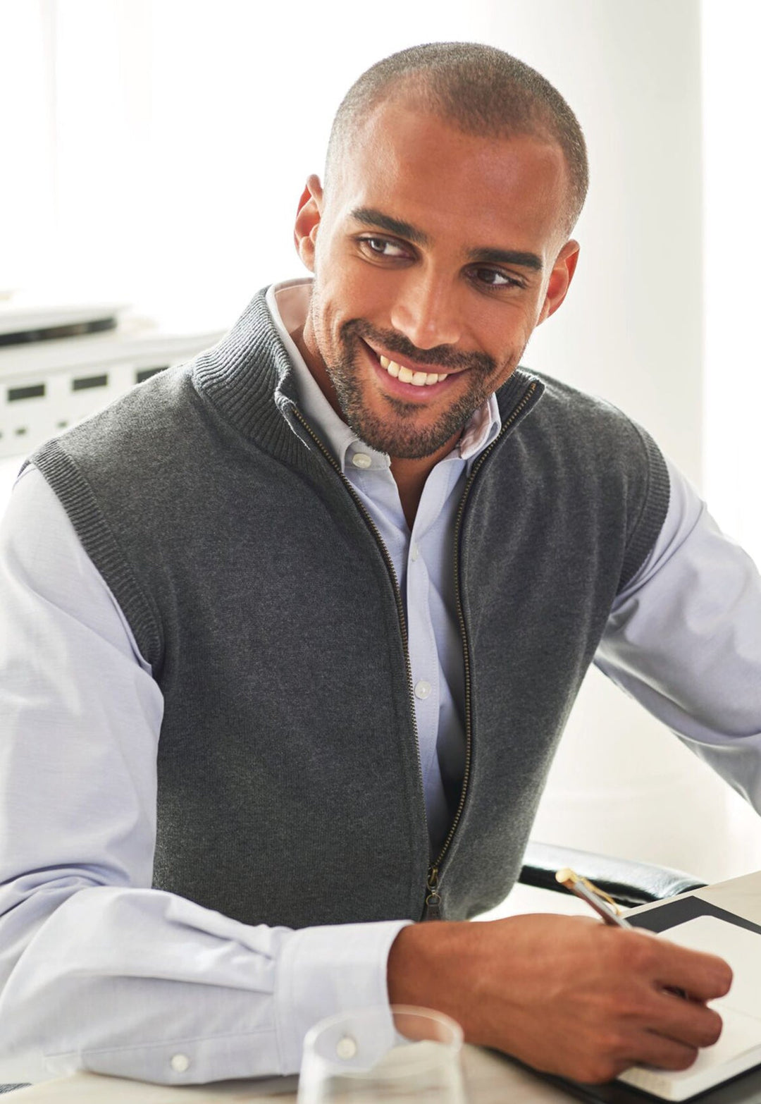 Model Wearing the Lincoln Knitted Zip Gilet 4372 in Charcoal