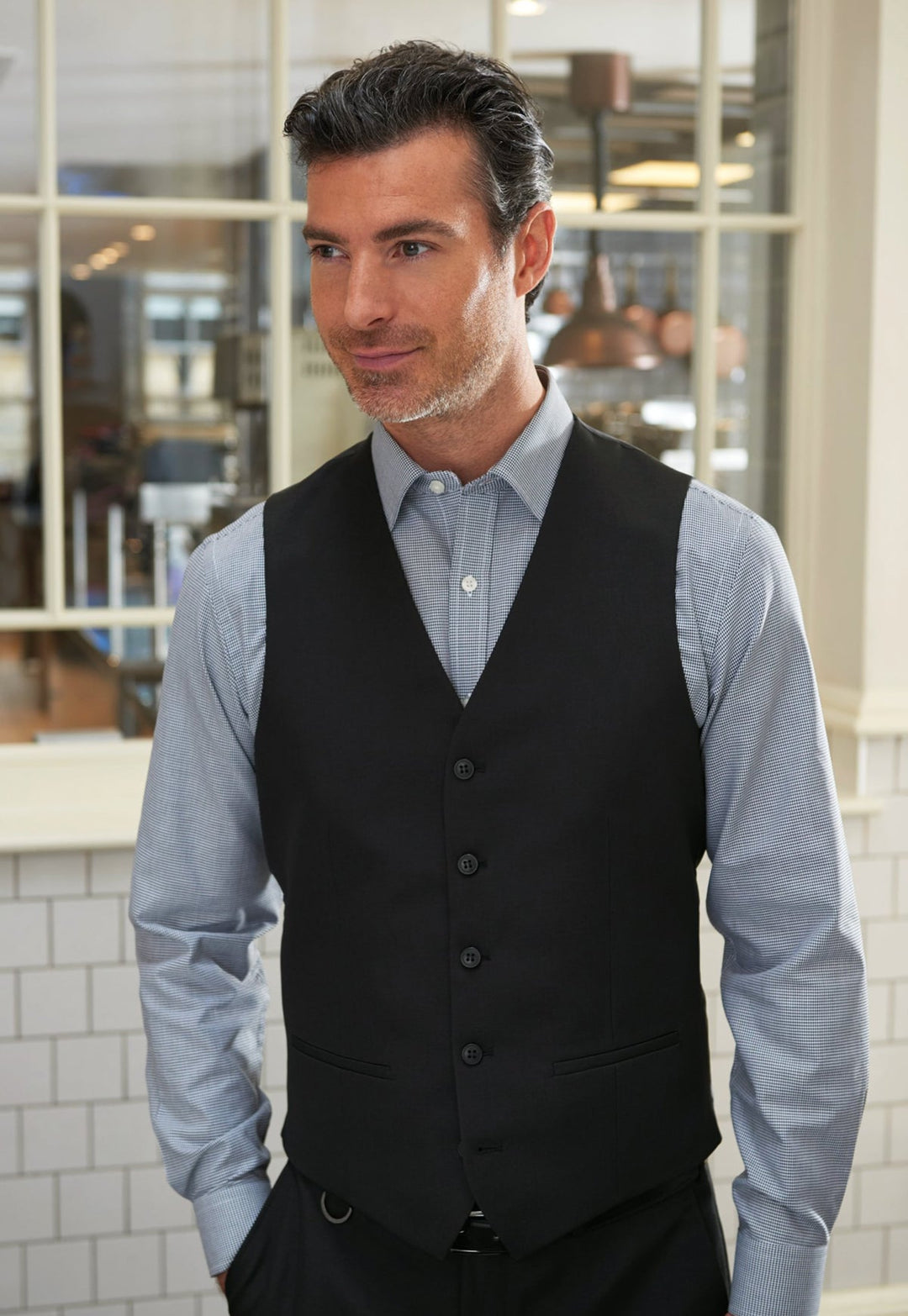 Model Wearing Mercury Men's Waistcoat 1295 in Black