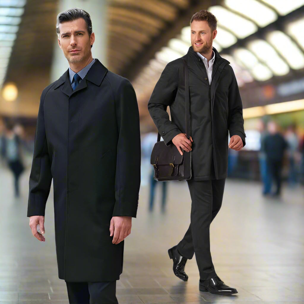 Model Wearing the Men's Chicago Raincoat 9887 in Black