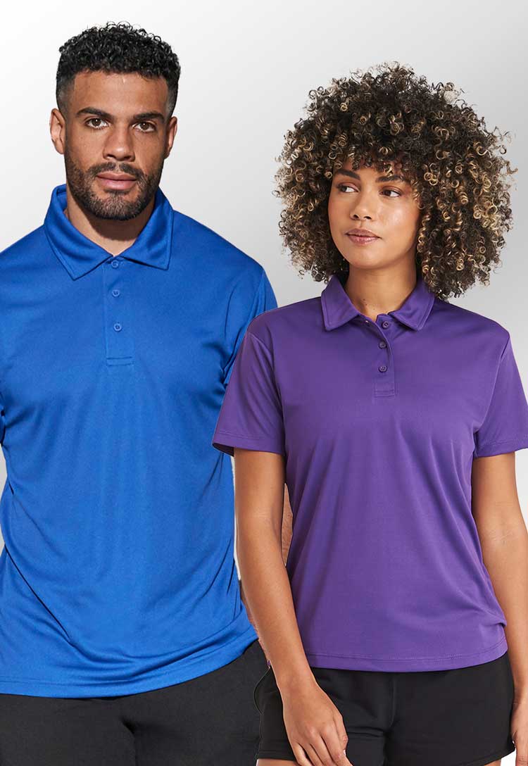 Models Wearing the Men's Cool Polo JC040 in Royal Blue and the Ladies Cool Polo JC045 in Purple 