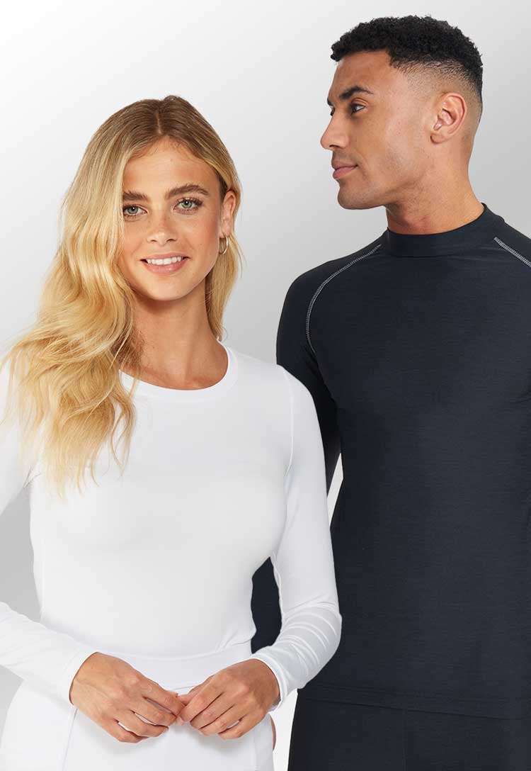 Models Wearing Rhino Long Sleeve Baselayers RH003 and RH001 in White and Black