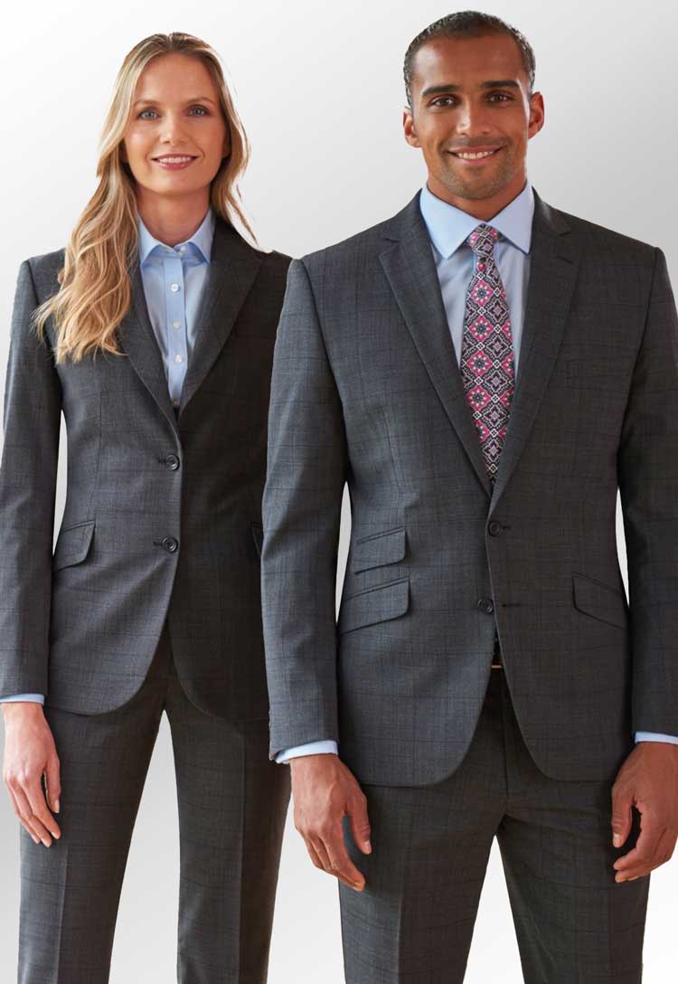 Models Wearing Novara Tailored Fit Jacket 2330 and Cassino Slim Fit Jacket 3834 in Grey Check