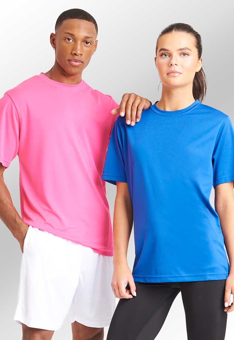 Models Wearing the Men's Cool Tee JC001 in Sapphire Blue and Electric Pink