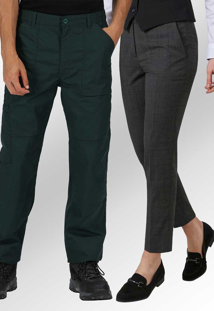 Models Wearing Regatta Action Trousers RG232 in Navy and Torino Slim Leg Check Trousers in Grey Check