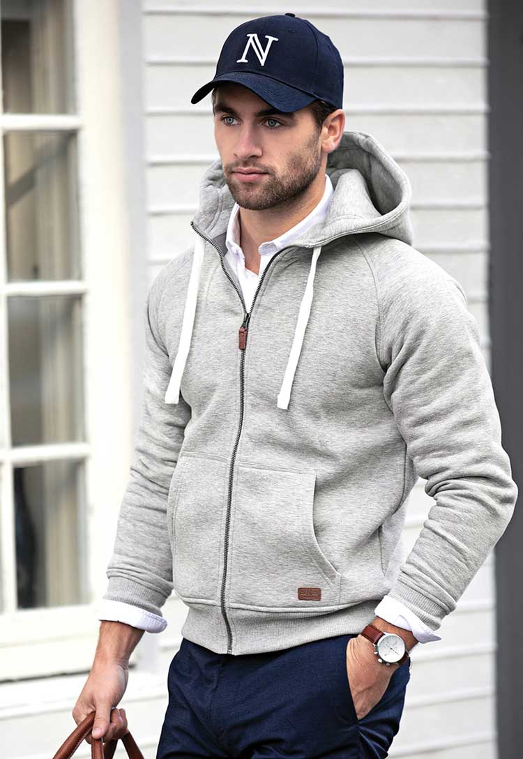 Model Wearing Nimbus Williamsburg Hooded Sweatshirt in Heather Grey