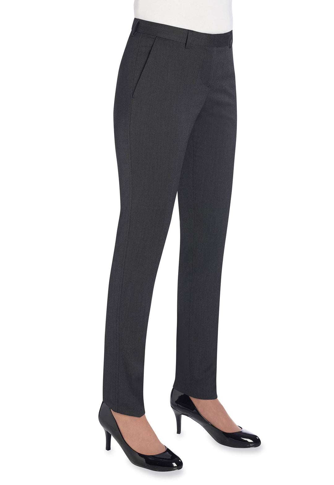 Model Wearing Ophelia Slim Leg Trousers 2276 in Charcoal Pin Dot