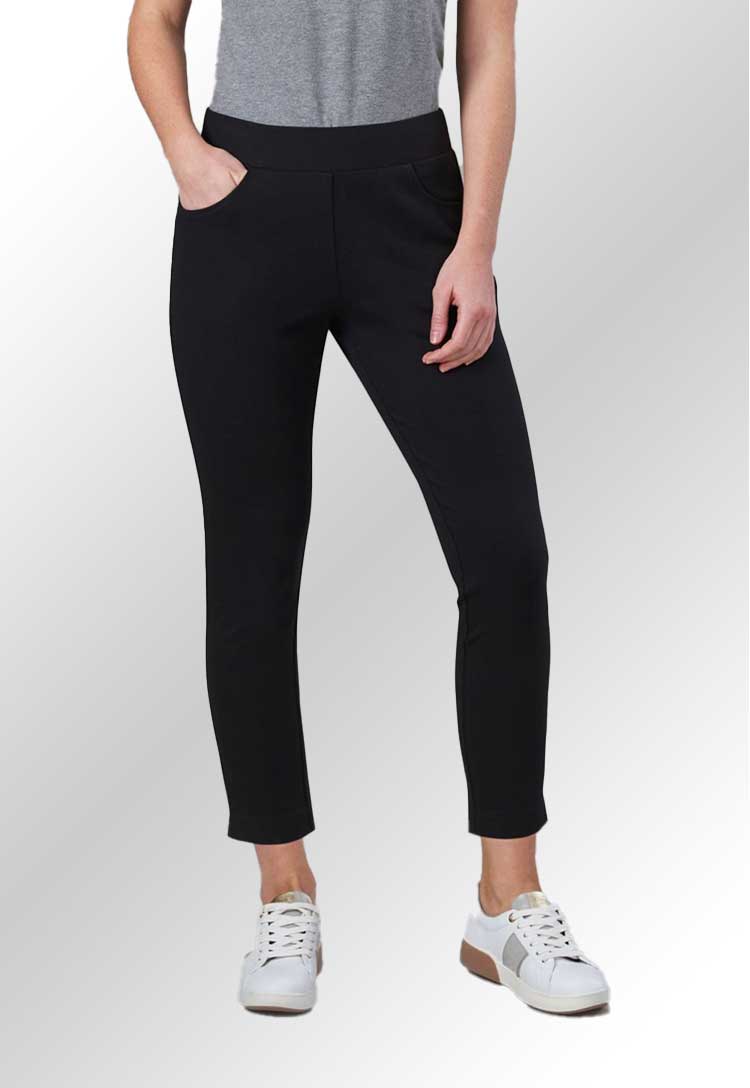 Model Wearing the Camila Jersey Stretch 3/4 Capri Trouser 2371 in Black