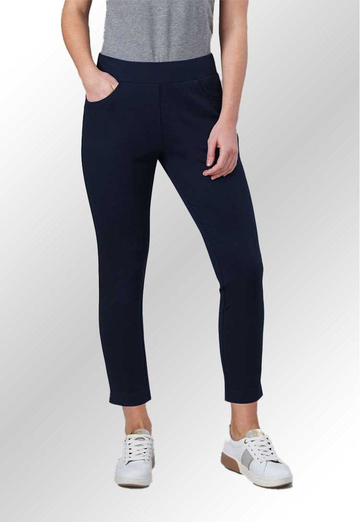 Model Wearing Camila Jersey Stretch 3/4 Capri Trouser 2371 in Navy