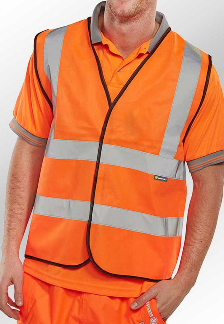 model wearing Hi Vis Vest BSEEN 3365 in orange