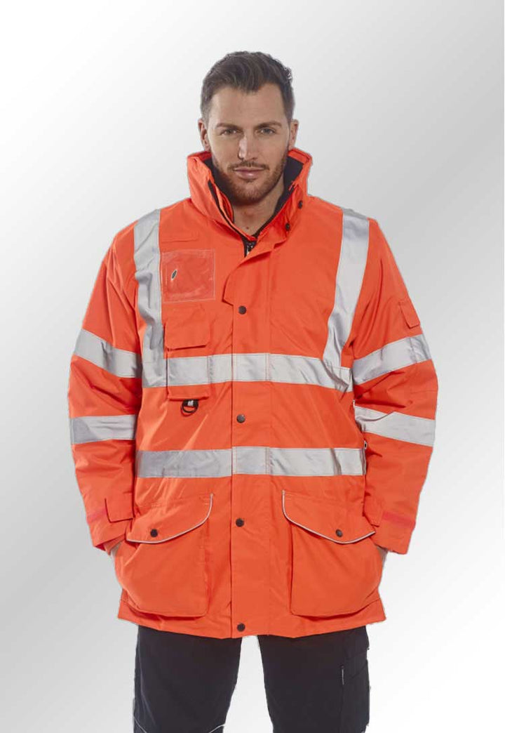 Model Wearing Hi-Vis Breathable 7-in-1 Traffic Jacket RT27 in Orange