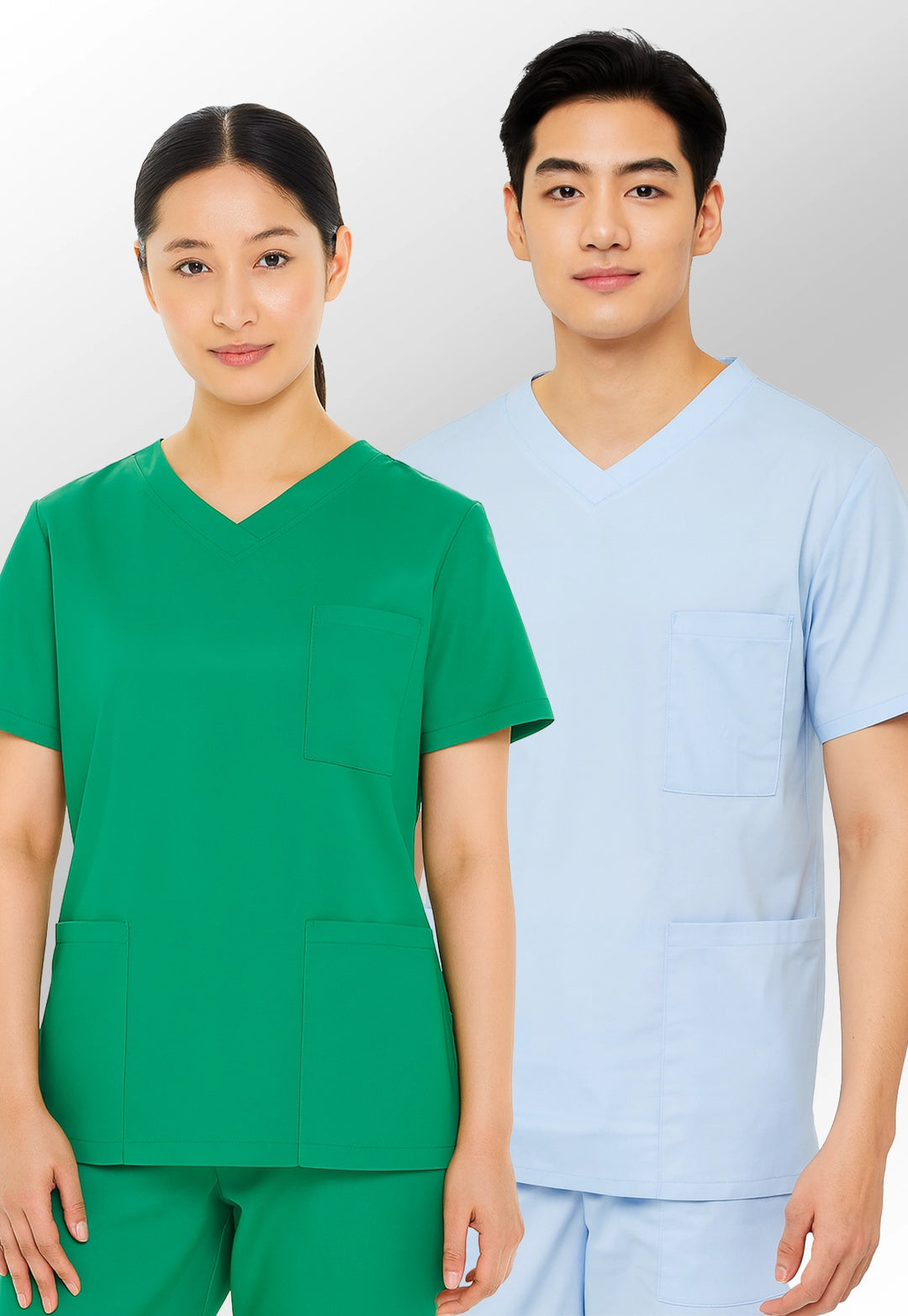 models wearing 8800 scrub tops in sky blue and jade colours