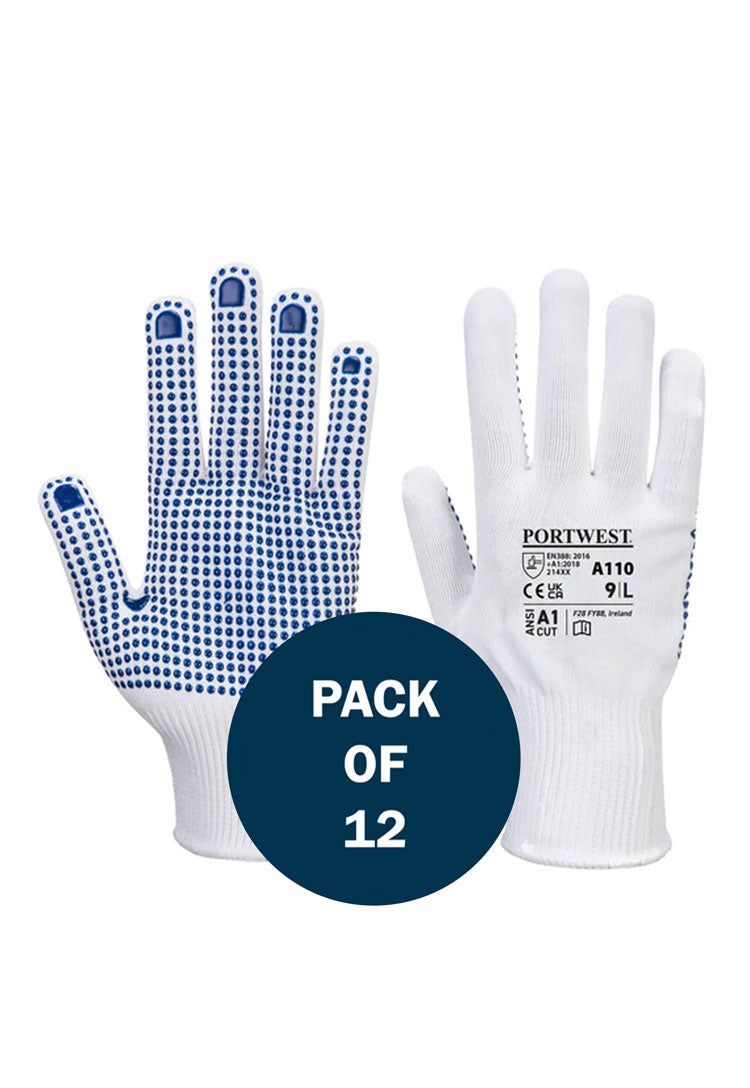 Front and Back View of Polka Dot Glove A110 in White/Blue (x12 Pairs)