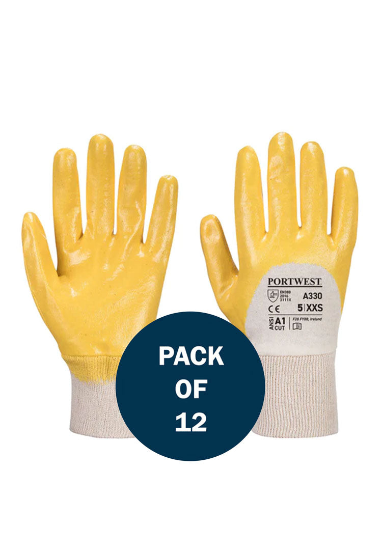 Front and Back View of Nitrile Light Knitwrist Glove A330 in Yellow (x12 Pairs)