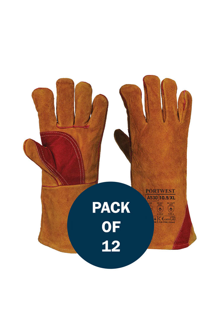 Front and Back View of Reinforced Welding Gauntlet Glove A530 in Brown 