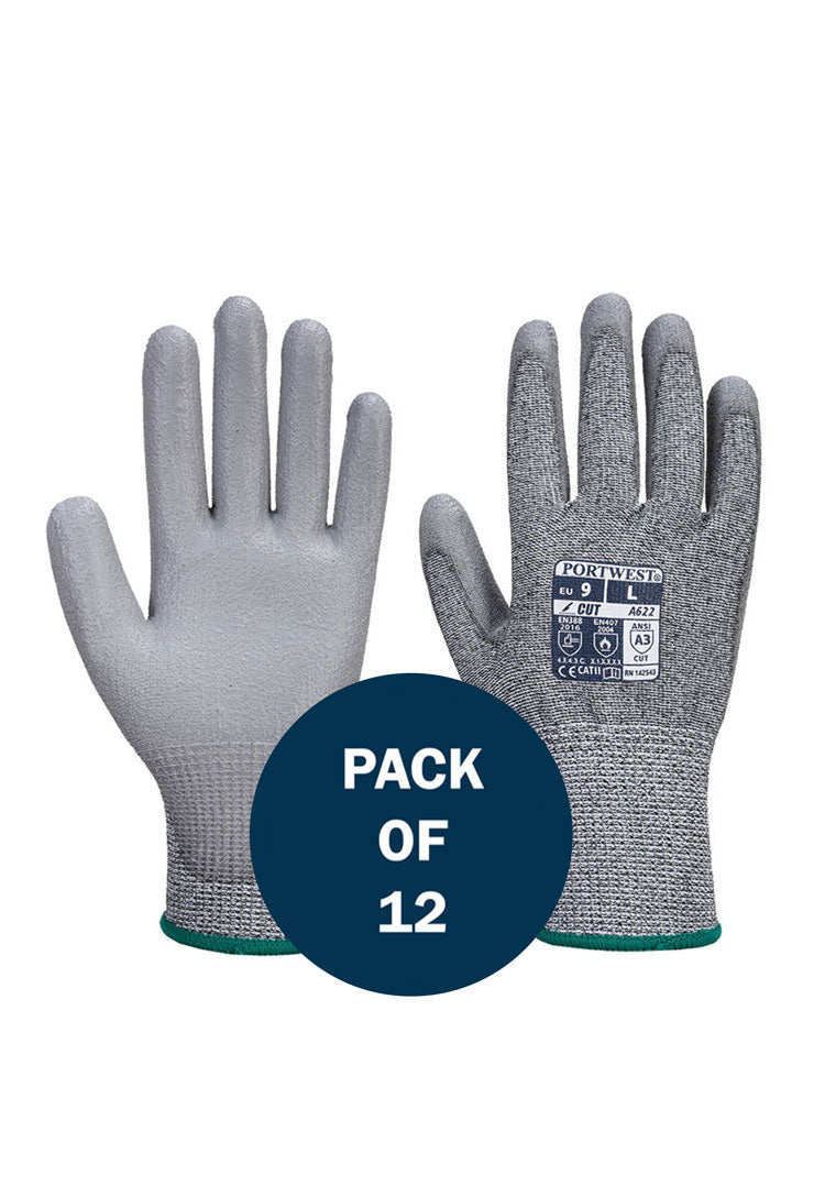 Front and Back View of MR Cut PU Palm Glove A622 in Grey (x12 Pairs)