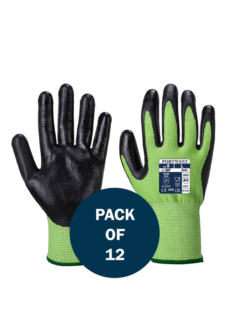 Front and Back View of Green Cut Nitrile Foam Glove A645 in Green/Black (x12 Pairs)