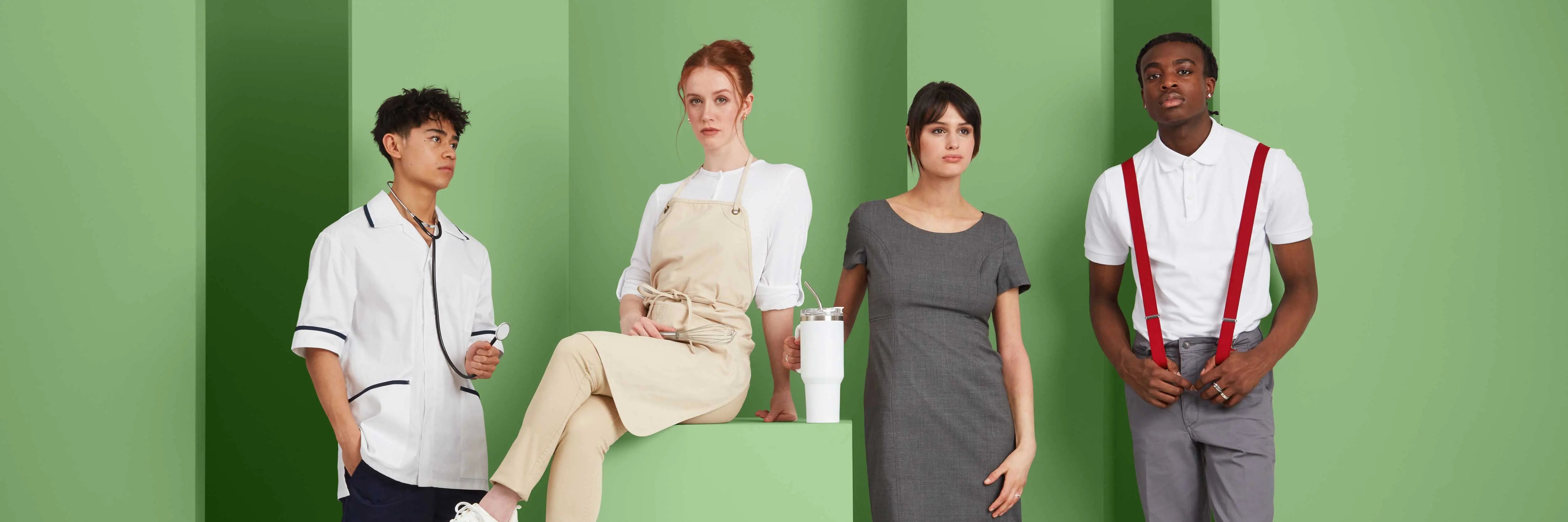4 models showcasing Work Uniform Company workwear with a green background