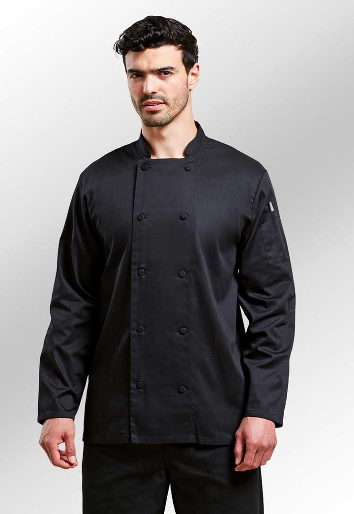 Model Wearing Chef's Coolchecker Long Sleeve Jacket PR903 in Black