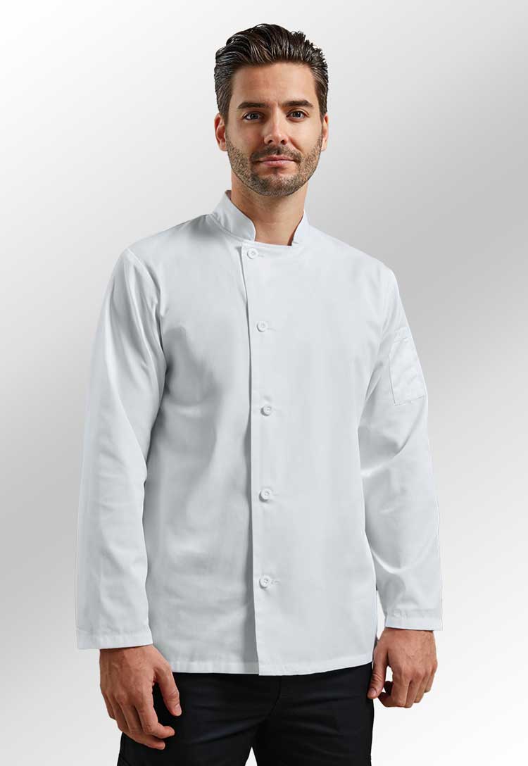 Model Wearing Chef's Essential Long Sleeve Jacket PR901 in White