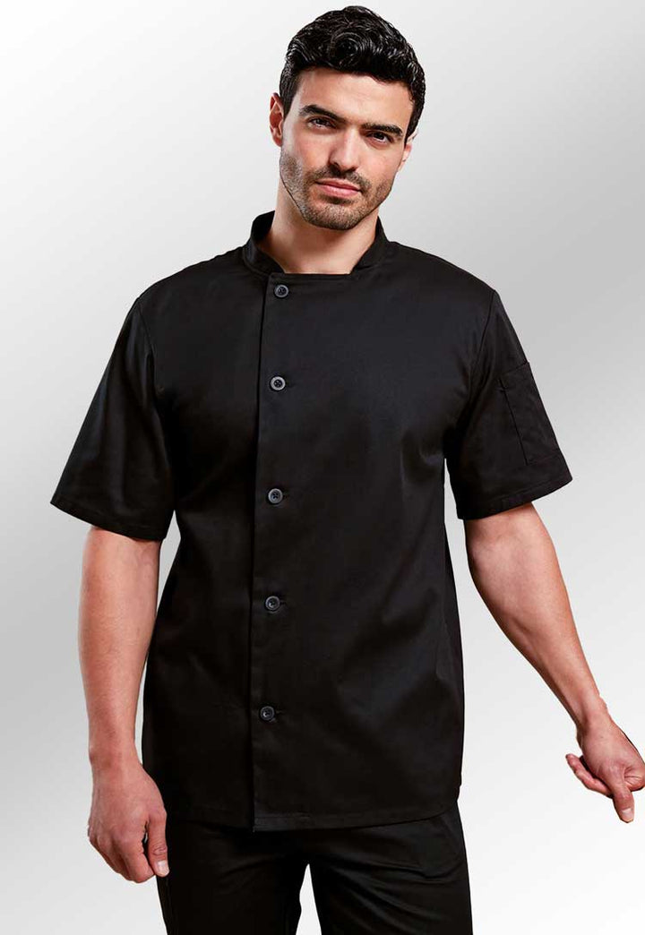 Model Wearing Chef's Essential Short Sleeve Jacket PR900 in Black