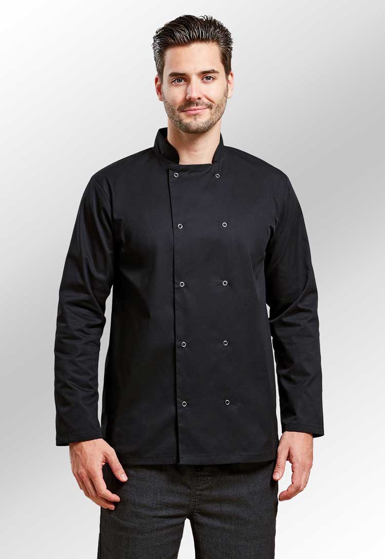 Model Wearing Studded Front Long Sleeve Chef's Jacket PR665 in Black