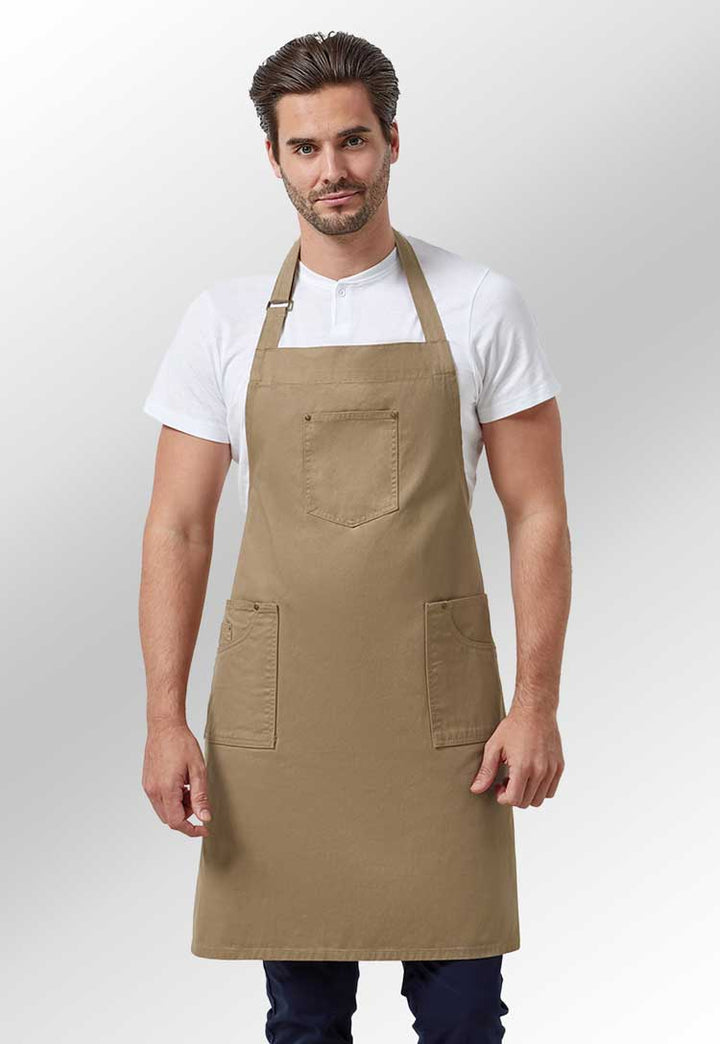 Model wearing Chino Cotton Bib Apron PR132