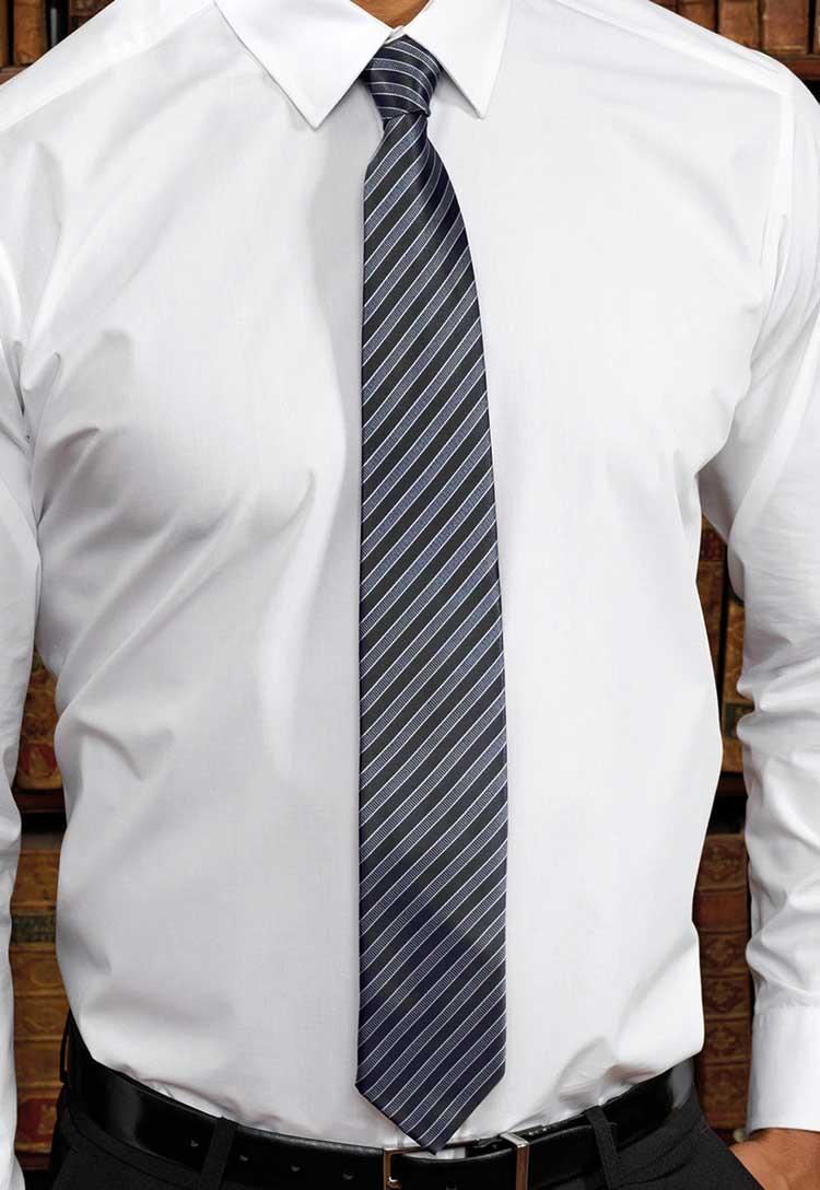 Model Wearing Double Stripe Tie PR782 in Silver/Dark Grey Stripe