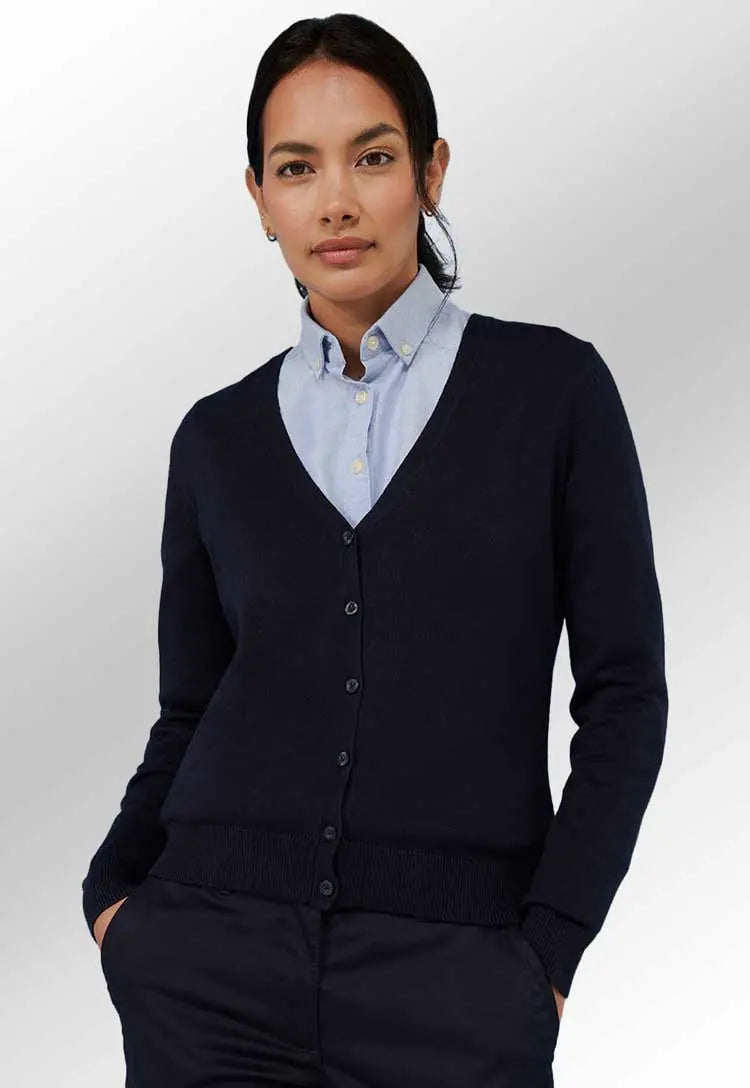 Model Wearing Women's V Neck Cardigan HB726 in Navy