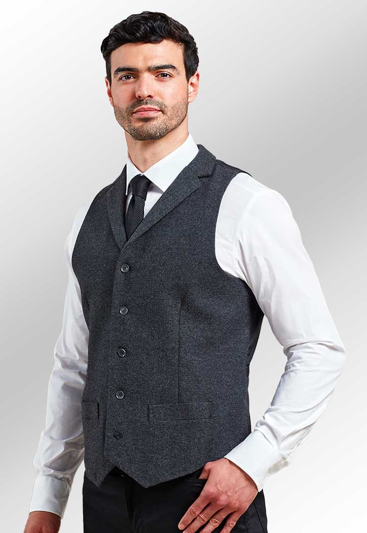 Model Wearing Herringbone Waistcoat PR625 in Charcoal Herringbone