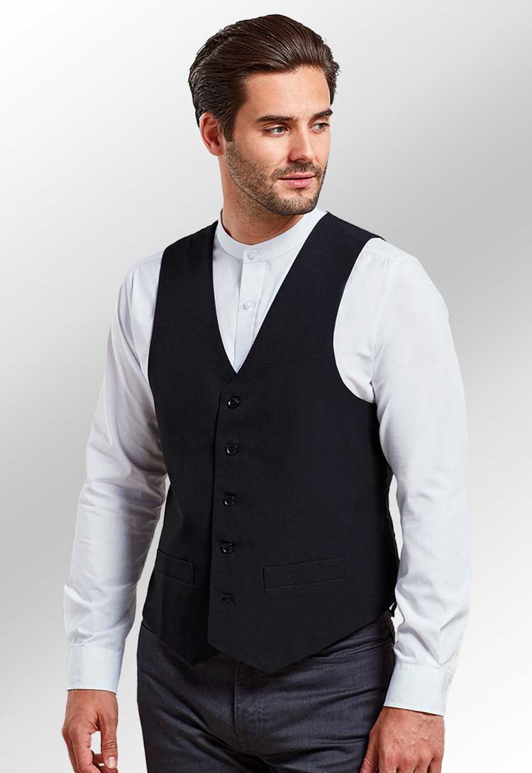 Model Wearing Lined Polyester Waistcoat PR622 in Black