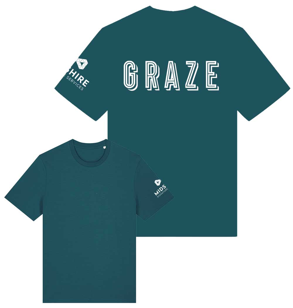 SX701 Stargazer T-shirt with MIDSHIRES transfer Left Sleeve and GRAZE Logo Large Back - The Work Uniform Company