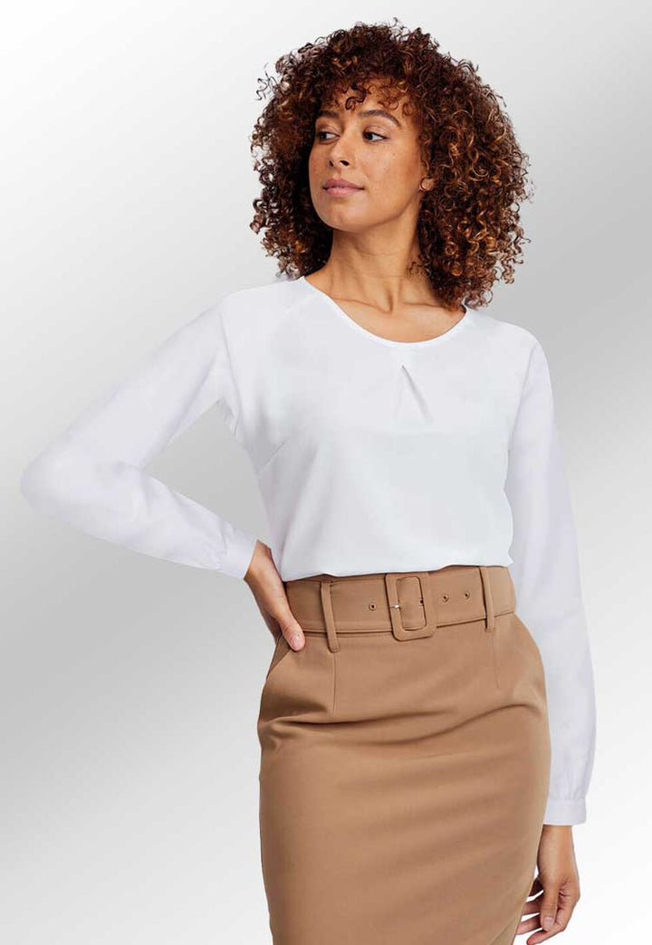 Model Wearing Molly White Textured Blouse Long Sleeve 